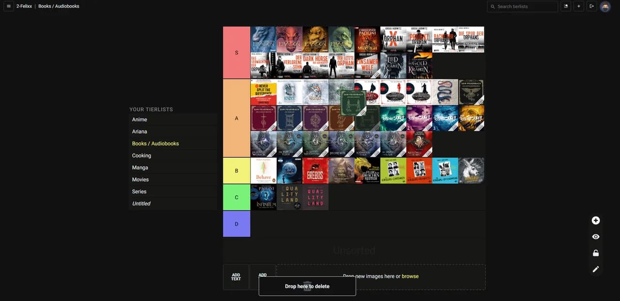 Dragging an image item between tiers on a Books / Audiobooks list (desktop)