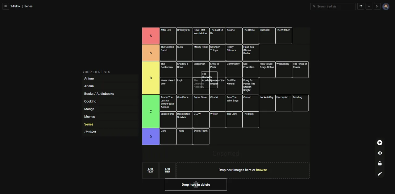 Reordering text items by dragging on a Series tier list (desktop)