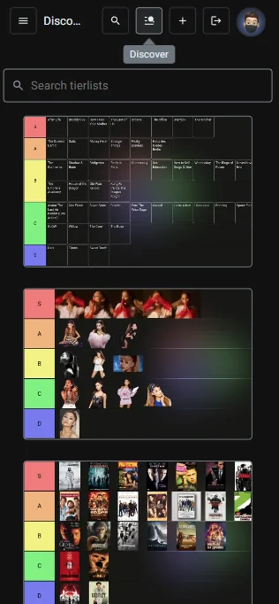 The Discover feed on mobile, showing public tier lists